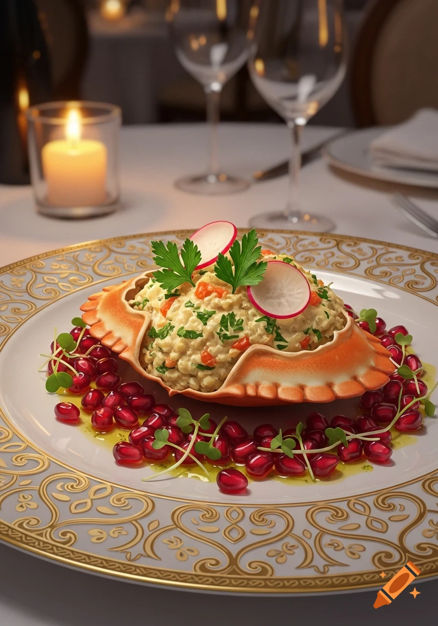 A close-up of a sophisticated crab dish served in a crab shell with pomegranate seeds, microgreens, and radish slices on an ornate plate, set on a candlelit table.