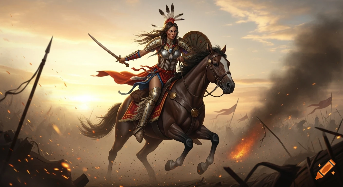 Fierce female warrior in ornate armor riding a powerful warhorse into a chaotic battlefield at sunset, realistic style.