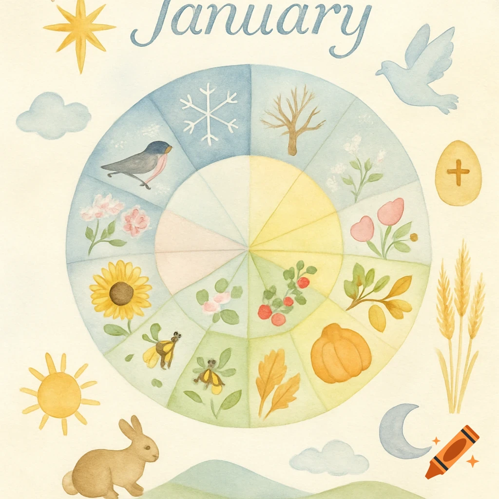 Watercolor calendar wheel illustrating months and seasons with nature elements, a rabbit, sun, moon, and the title "January".