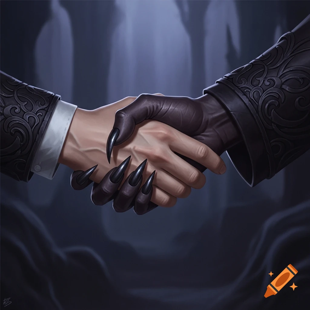 A human hand in a suit jacket shakes hands with a dark, clawed, demonic hand against an unsettling dark fantasy background.