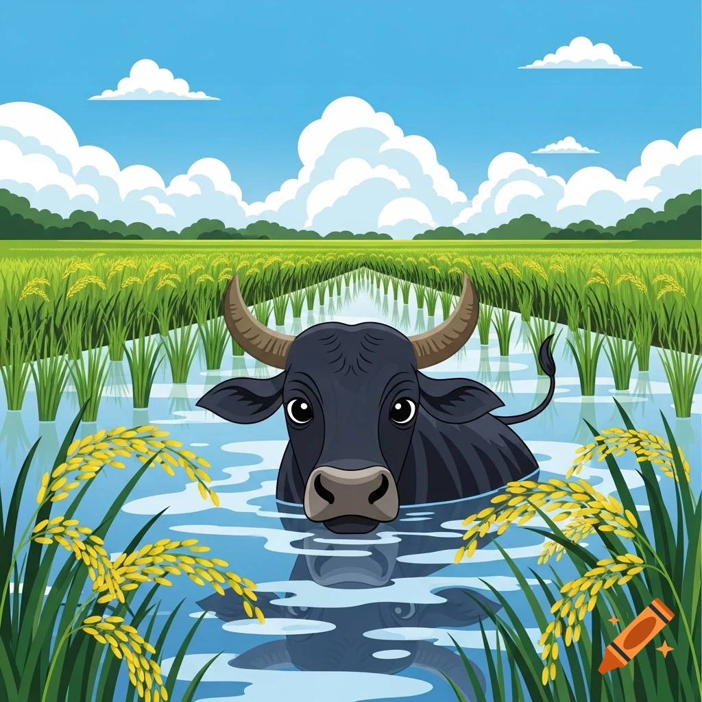 Cartoon water buffalo with kind eyes bathing in a vibrant green rice paddy under a blue sky.