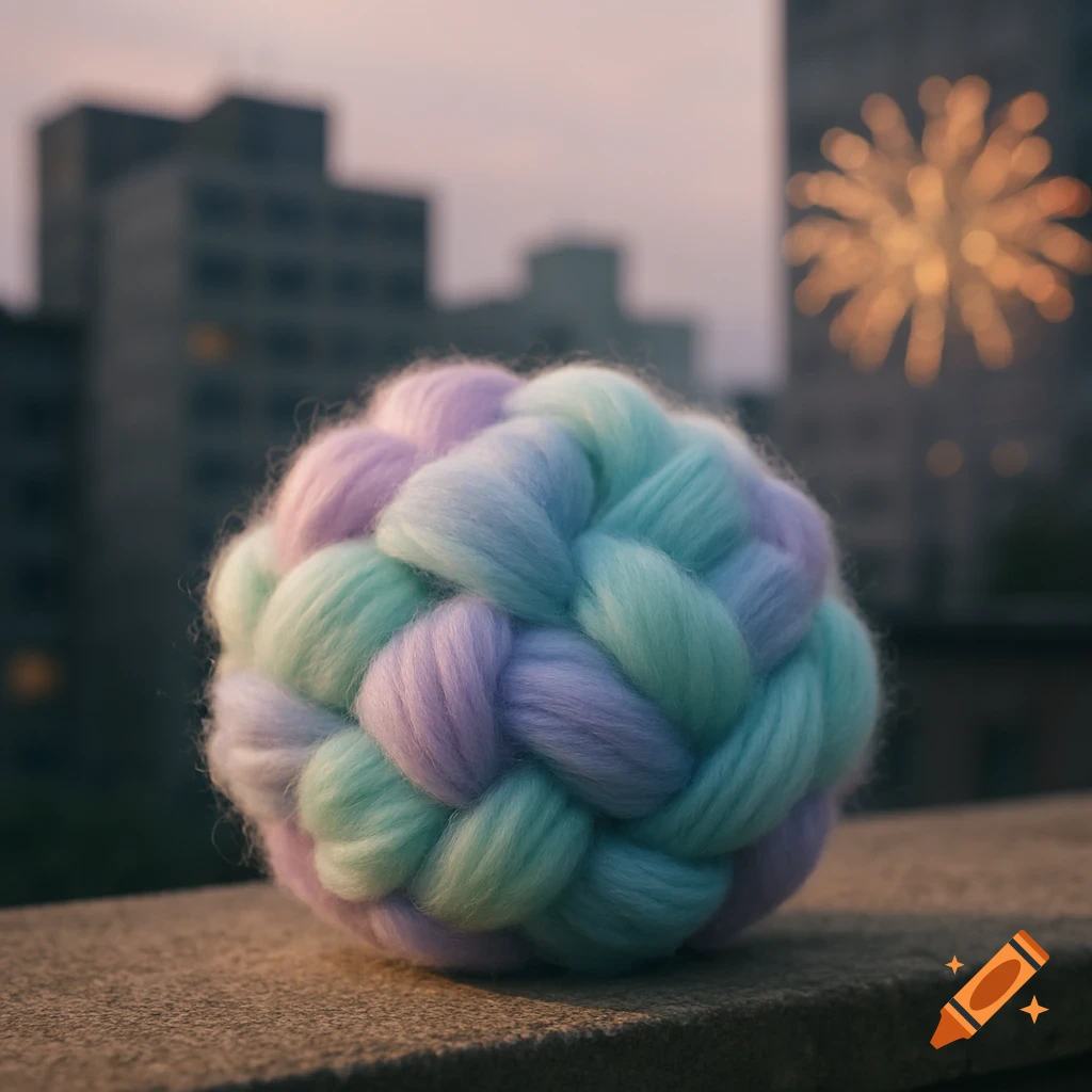 A pastel braided wool ball rests on a concrete ledge with blurred city buildings and fireworks in the background.