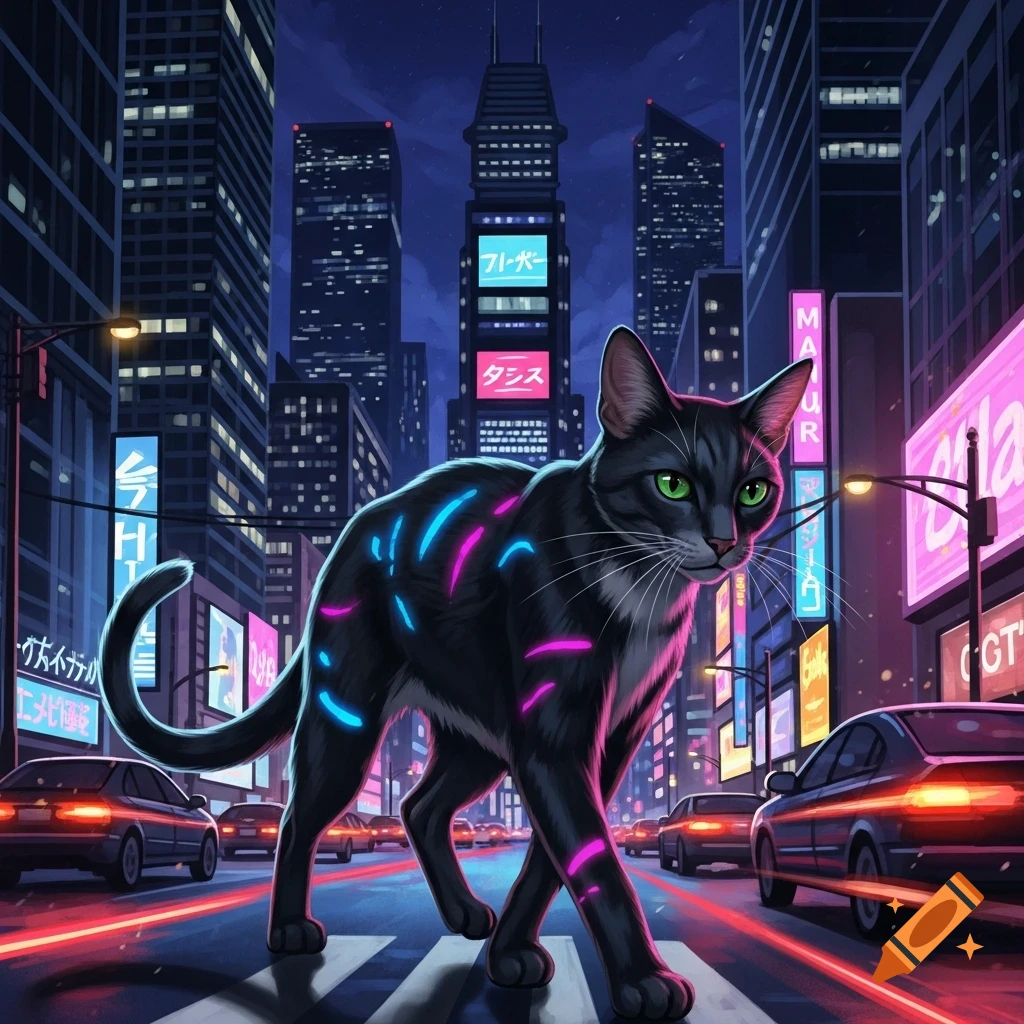 A black cat with glowing blue and pink stripes walks across a crosswalk in a vibrant, neon-lit cyberpunk city at night.