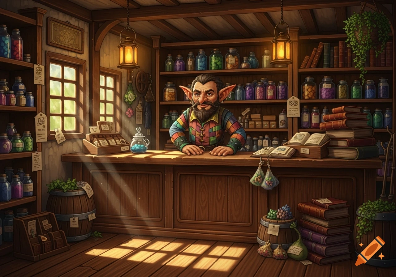 Illustrative scene of a bearded goblin man behind a wooden counter in a cozy general store filled with jars and books.