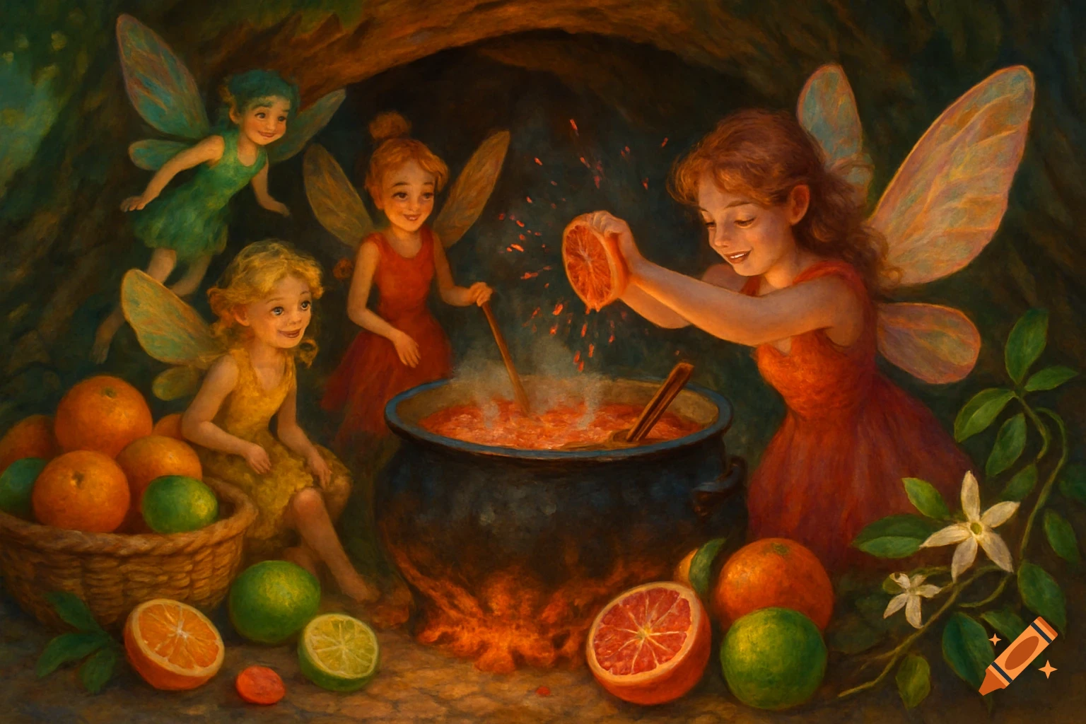 A painted illustration shows four joyful fairies in a cave under tree roots, preparing a fruit drink in a large cauldron, surrounded by oranges and limes.