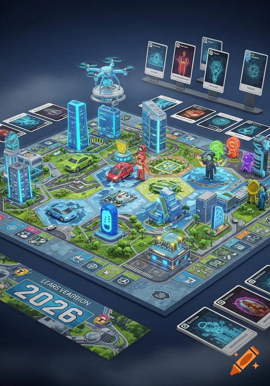 An isometric view of a futuristic city board game, with glowing buildings, cars, a drone, and game cards.