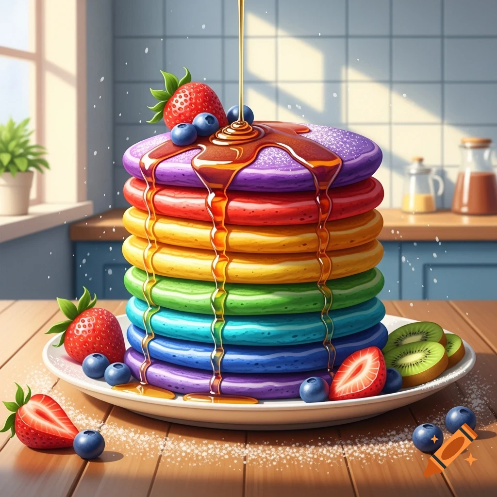 A tall stack of colorful rainbow pancakes drizzled with maple syrup, topped with strawberries and blueberries on a white plate in a sunny kitchen.