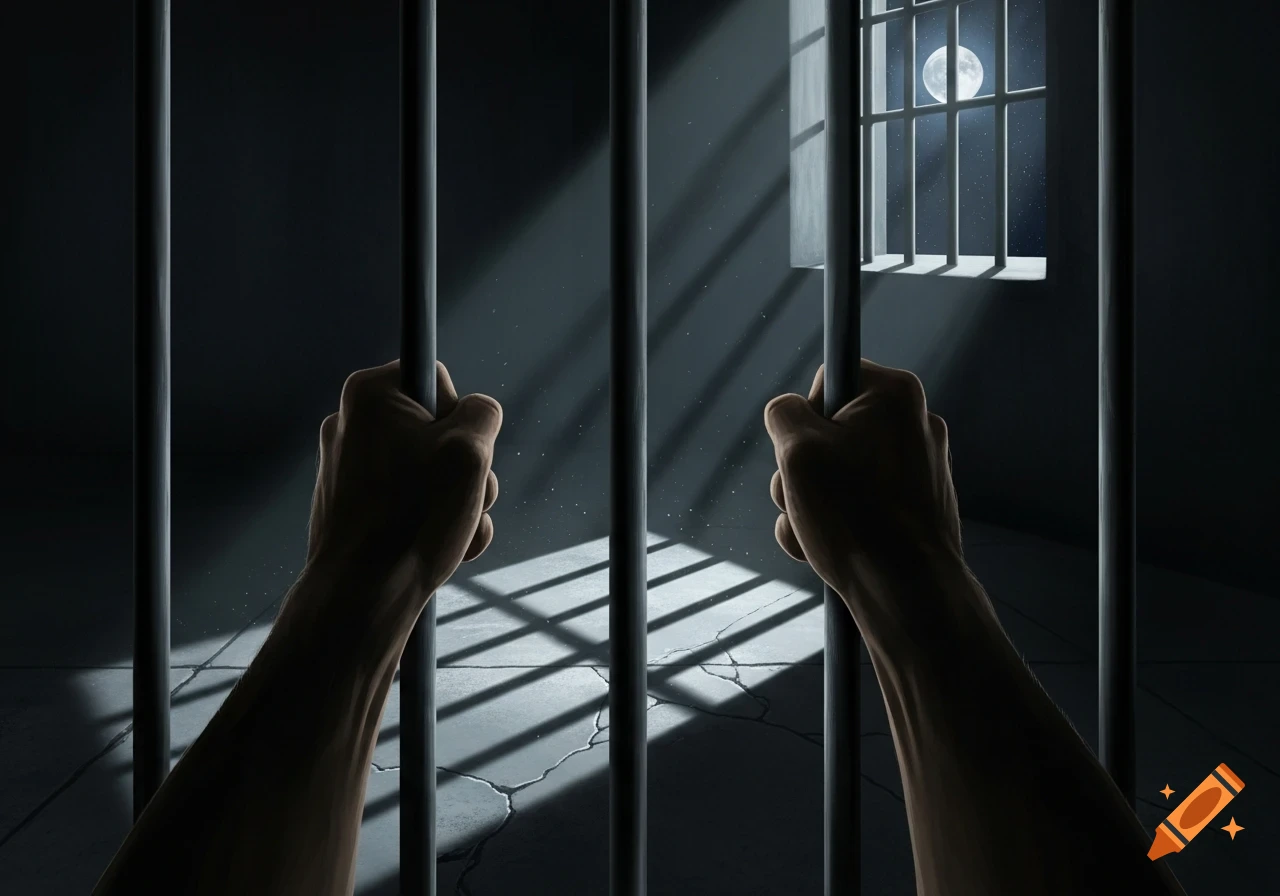 First-person view of hands gripping dark prison bars, moonlight from a window reveals a full moon and stars in a stylized night scene.