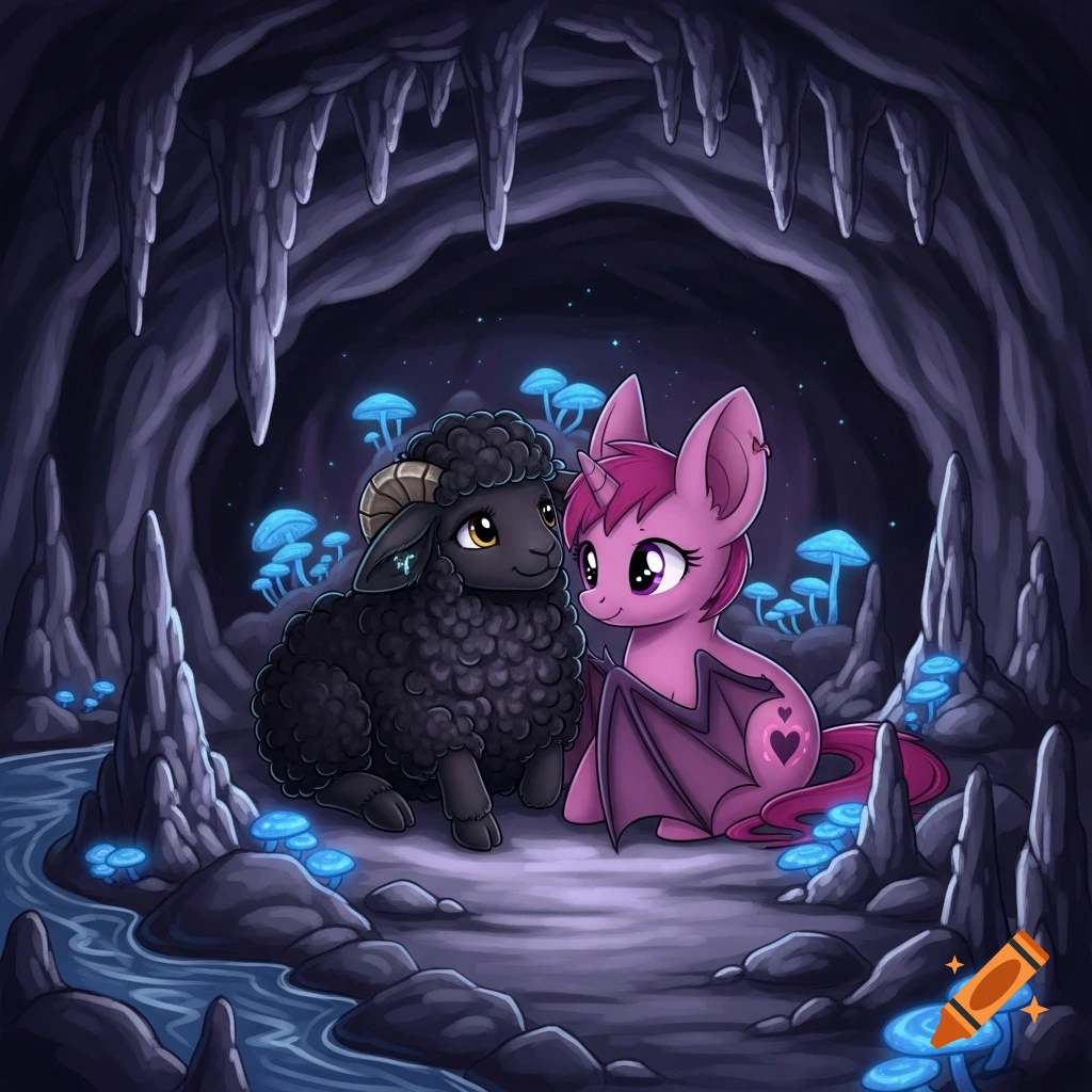 Cartoon of a black sheep and a magenta bat pony snuggling in a cave with glowing blue mushrooms.