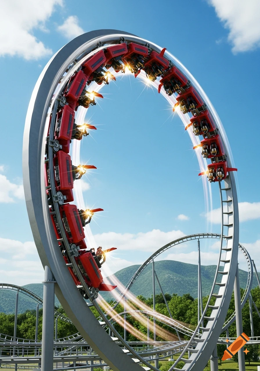 A red roller coaster train rockets through a large vertical loop against a blue sky, with motion blur and glowing light trails, over a landscape of green trees and mountains.