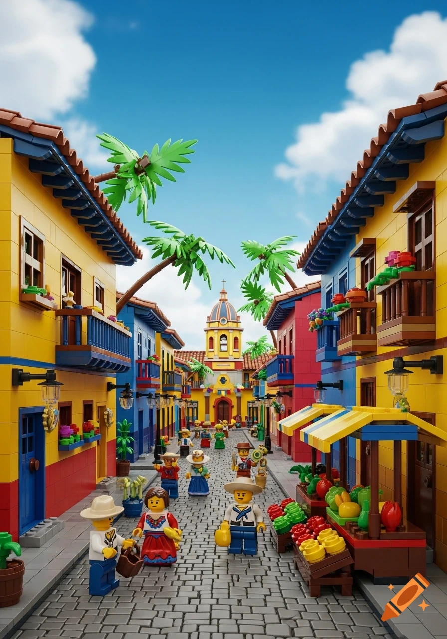 A vibrant Lego street scene in a Colombian-inspired town, with colorful buildings, minifigures, market stalls, and a church.