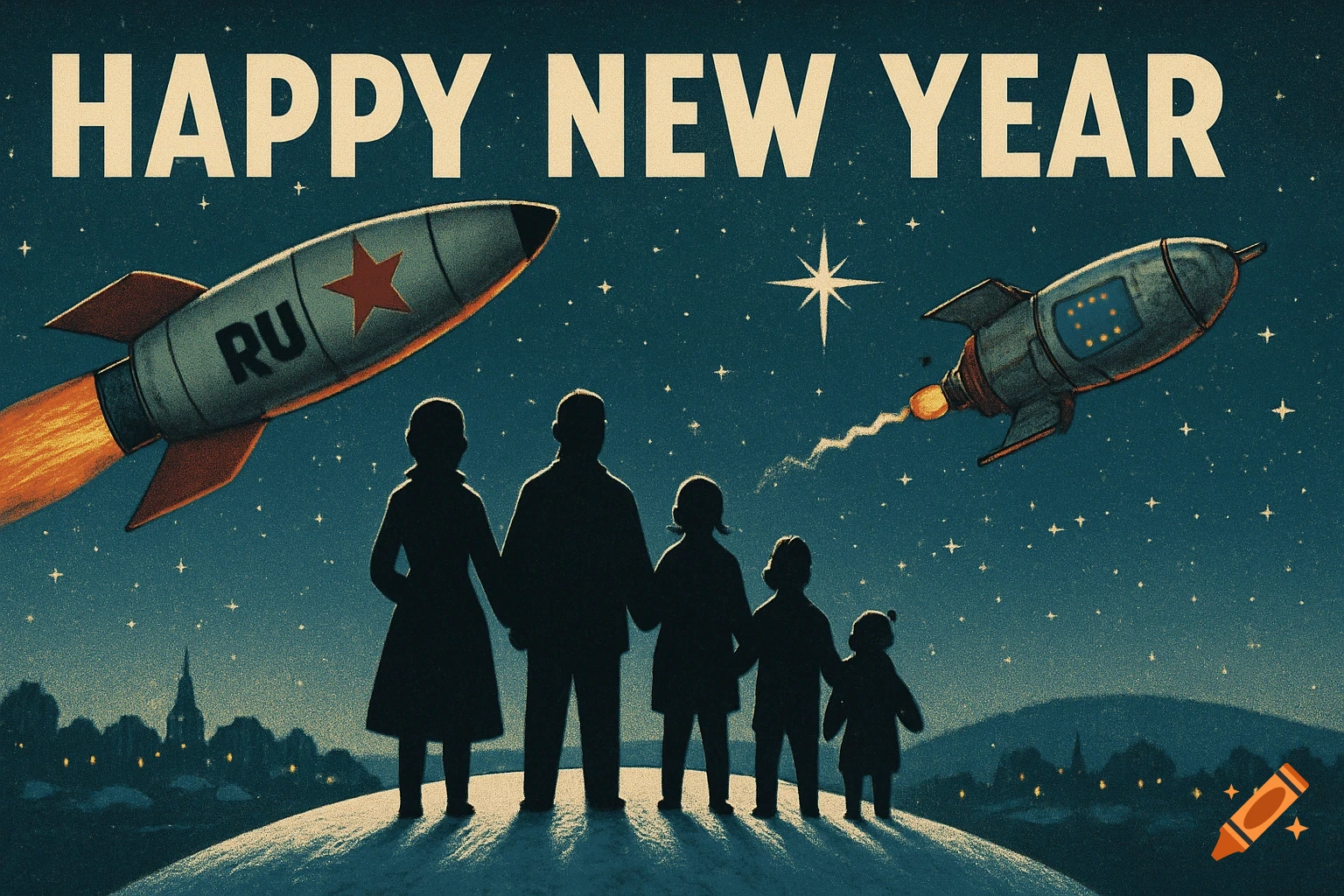A vintage style New Year's greeting card featuring a family watching rockets fly across a starry night sky above a snowy town. Text reads "HAPPY NEW YEAR".