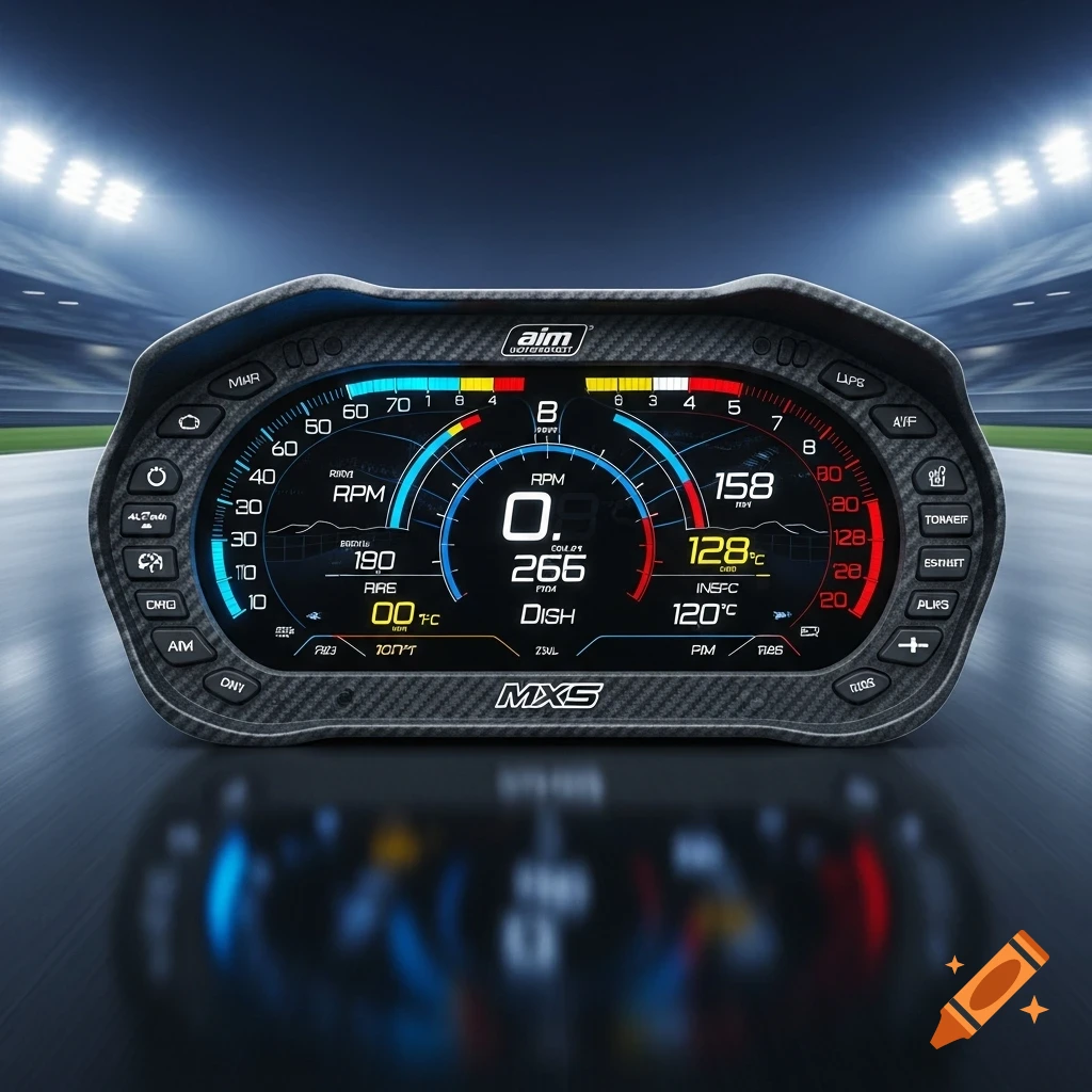 Photorealistic digital racing dashboard with carbon fiber casing, displaying RPM, speed, and temperature gauges on a racetrack.