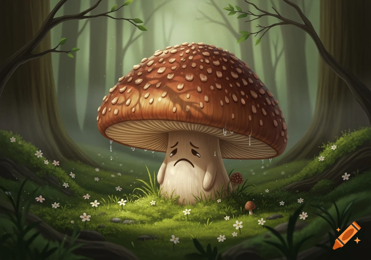 A sad cartoon mushroom with a brown cap and white spots stands in a green forest clearing with white flowers, with small water droplets dripping from its cap.