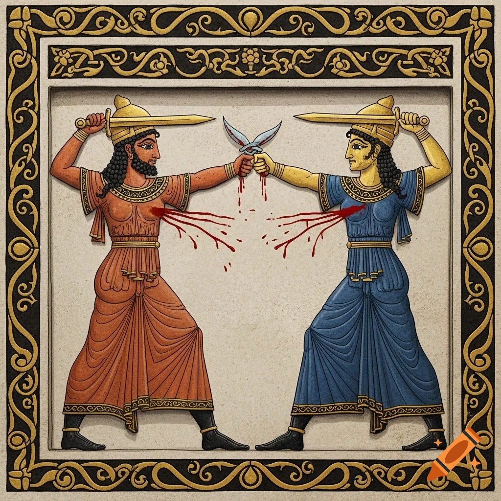 A stylized Achaemenid relief showing a man and a woman in a fatal duel, striking each other with swords, blood flowing from their chests.
