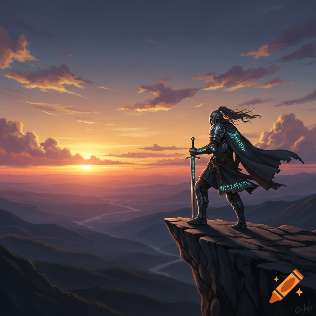 A lone warrior in ornate armor with a glowing sword stands on a cliff ...