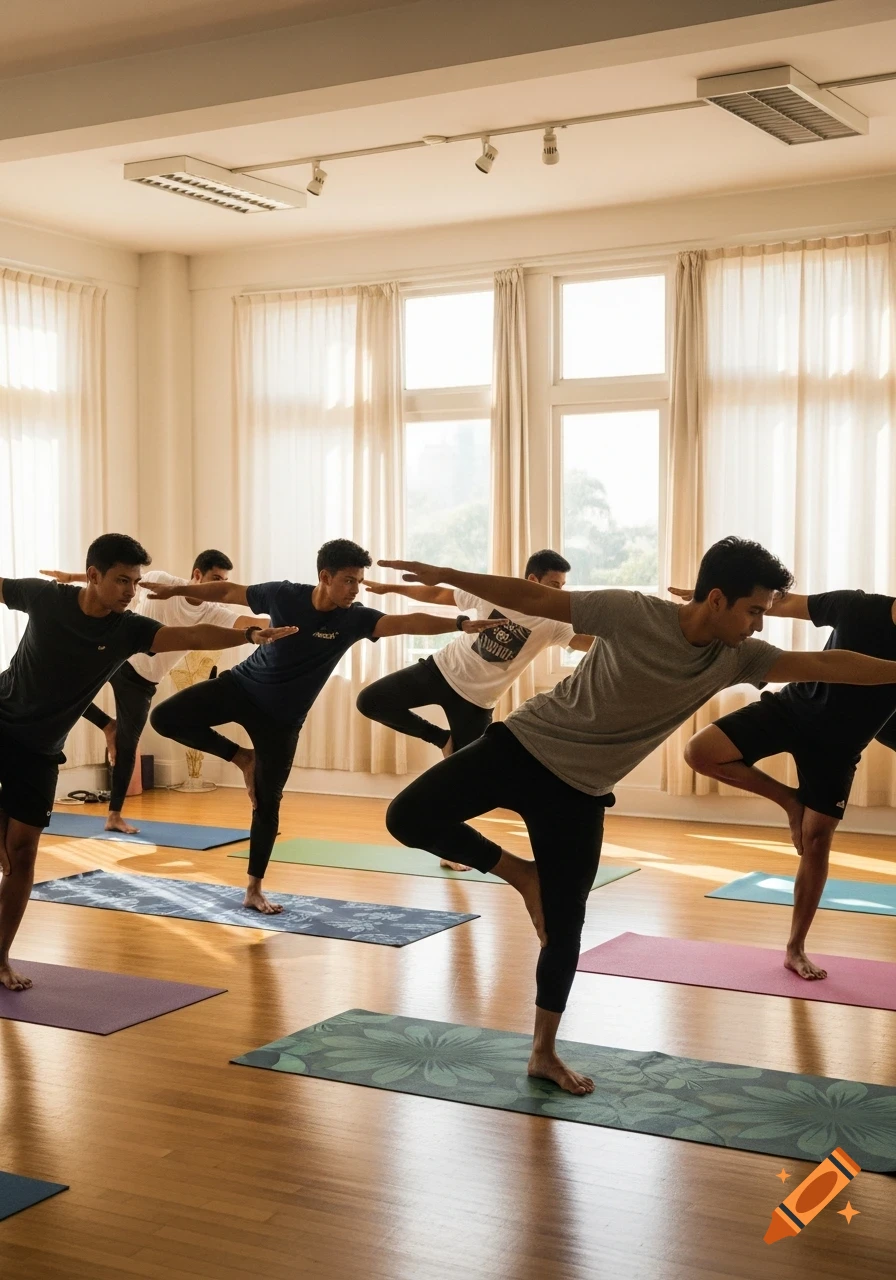 A group of men practicing yoga in tree pose on colorful mats in a bright room with large windows.