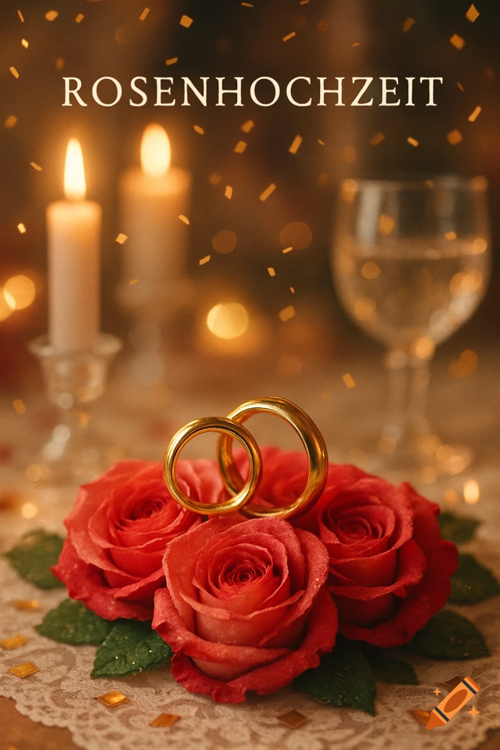 Gold wedding rings on red roses with candles and champagne glasses, and text 'ROSENHOCHZEIT' above.