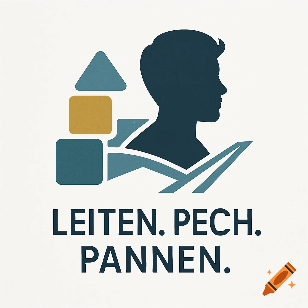 A minimalist logo with a dark blue silhouette of a person's head and abstract shapes, with the text 'LEITEN. PECH. PANNEN.'