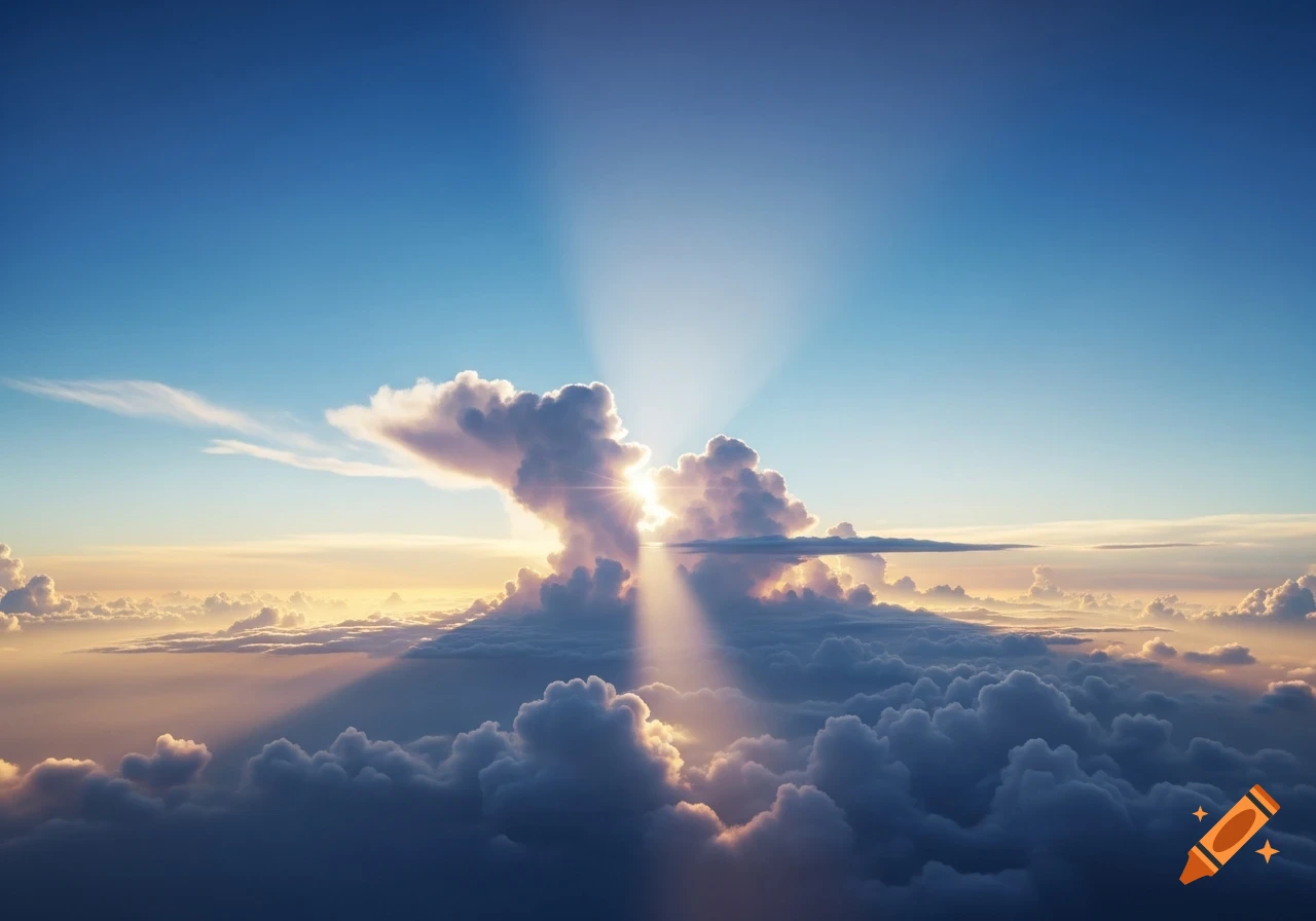 A breathtaking view from above the clouds with bright sunbeams breaking through them in a blue and orange sky.