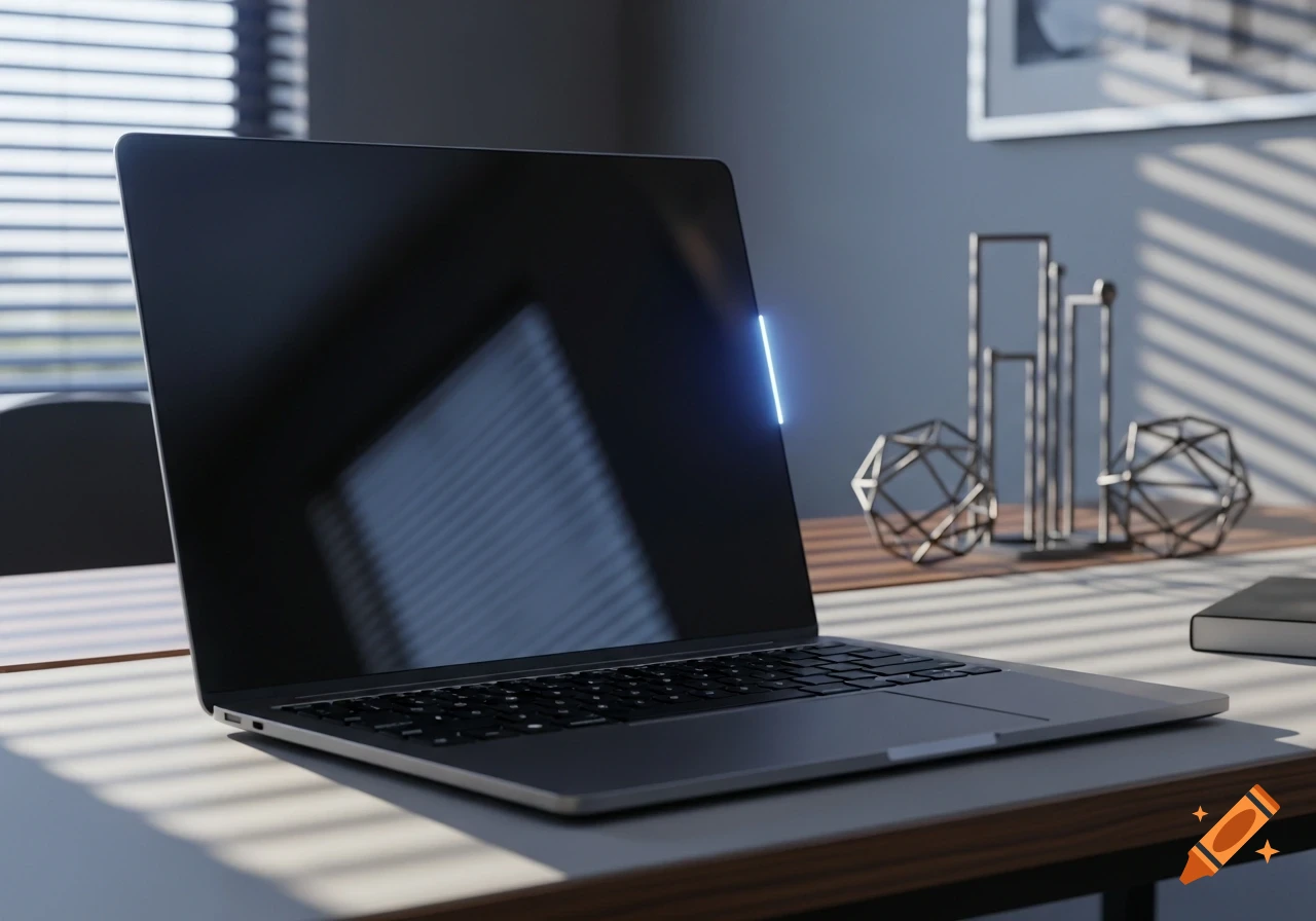 Photorealistic dark grey laptop with a black screen on a wooden desk, lit by striped sunlight from blinds.