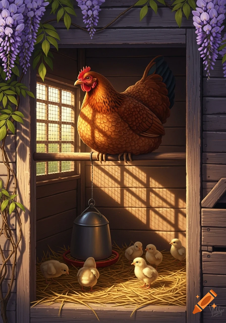 A mother hen perches in a sunlit coop above five chicks on hay, purple wisteria vines frame the rustic wooden structure. Digital art.