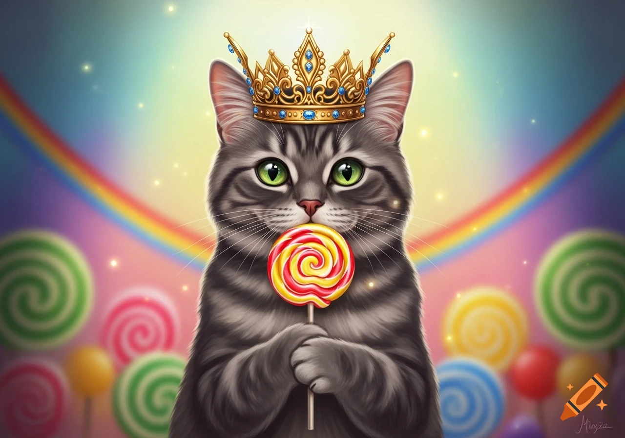 A cute gray tabby cat with green eyes wears a golden crown and holds a swirl lollipop against a pastel rainbow background with blurred candies.