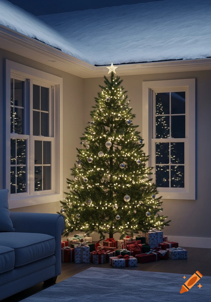 A brightly lit Christmas tree with gifts underneath in a cozy living room at night, with snow on the roof visible through windows.
