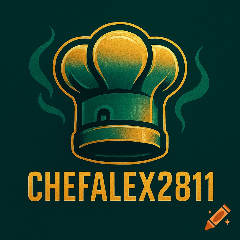 A stylized green and gold chef's hat with subtle steam, and the name CHEFALEX2811 in gold text below it.