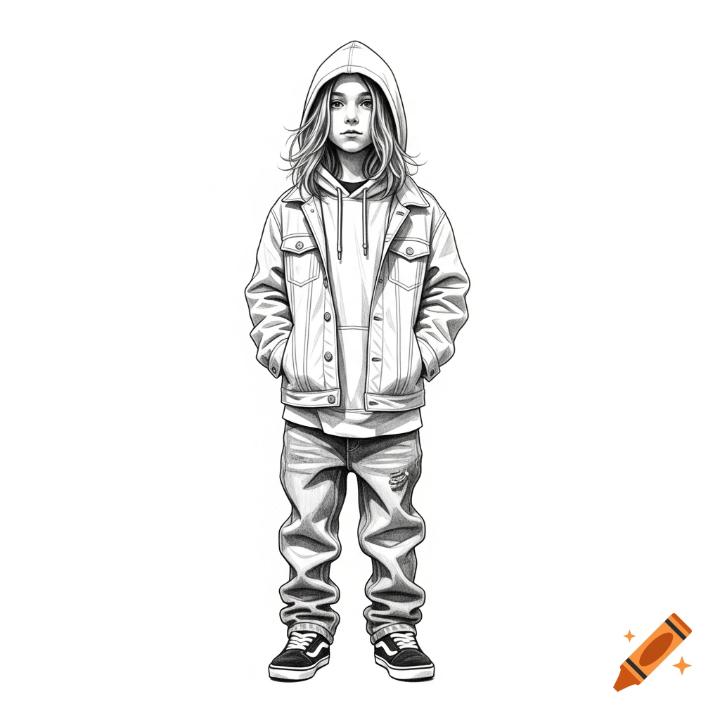 Black and white pencil drawing of a child with long hair, wearing a hooded jacket, denim jacket, jeans, and sneakers.