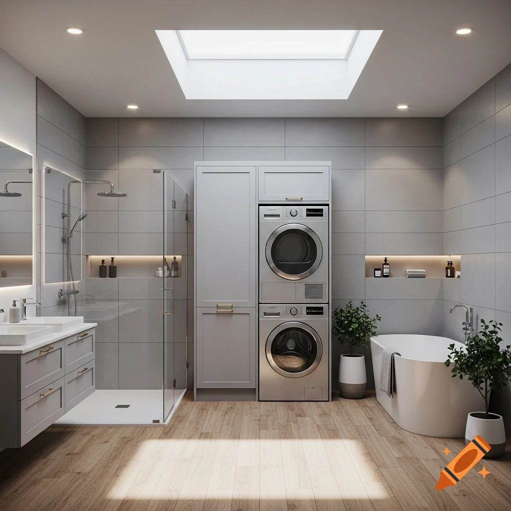 Modern combined bathroom and laundry with a stacked washer and dryer, freestanding bathtub, separate glass shower, and double vanity.