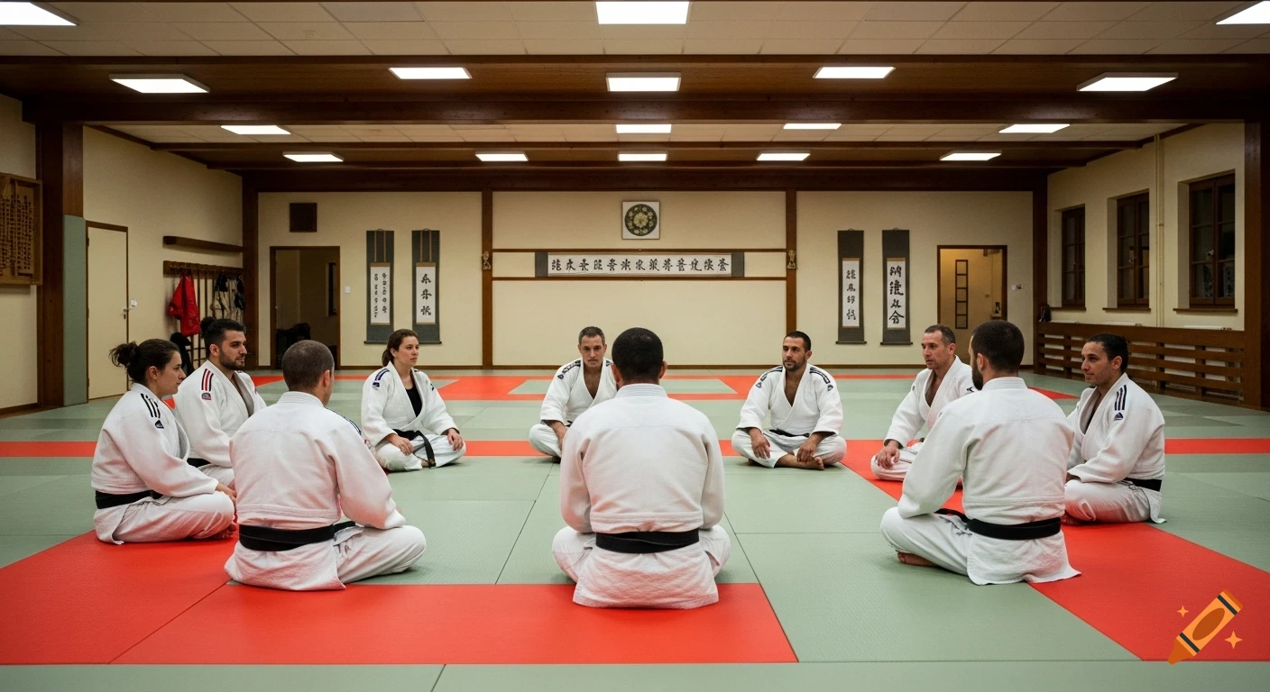 A group of nine judokas in white gis with black belts sit in a circle on green and red mats in a dojo, facing inward. East Asian calligraphy hangs on the walls.