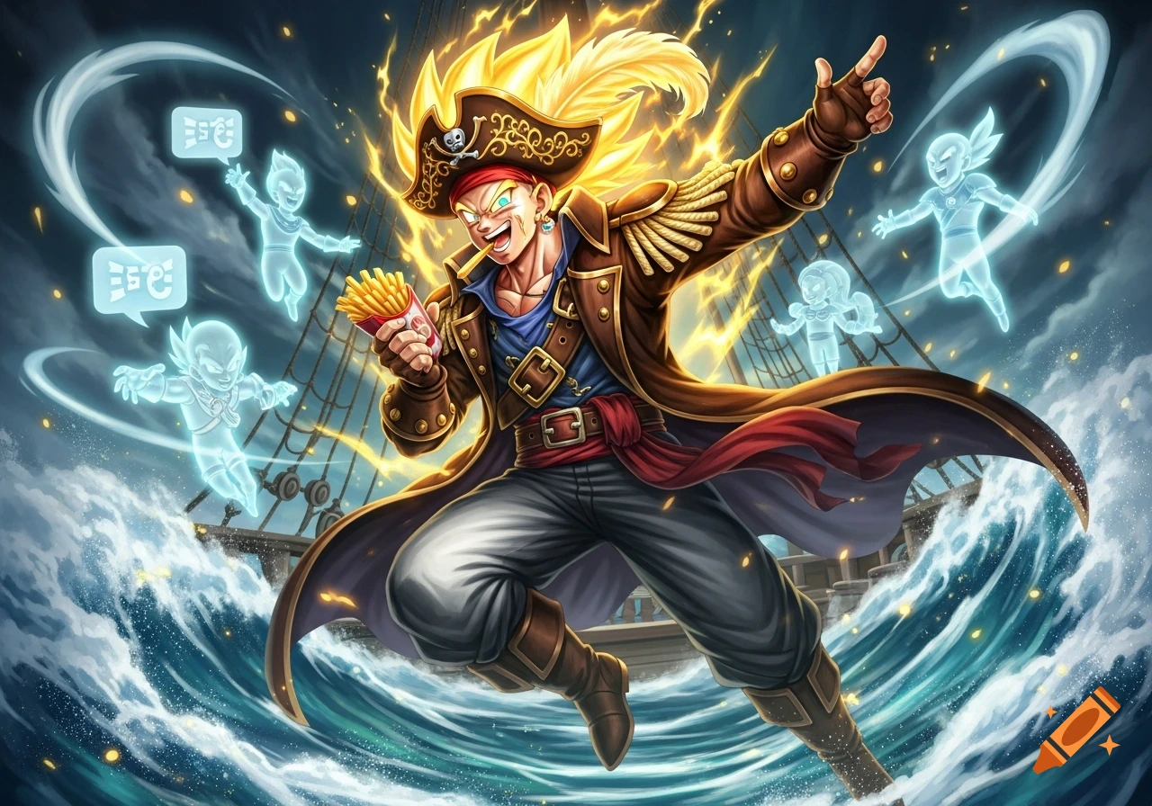 A Super Saiyan pirate captain with glowing golden hair leaps on stormy seas, holding fries, surrounded by ghost-like figures, anime art.