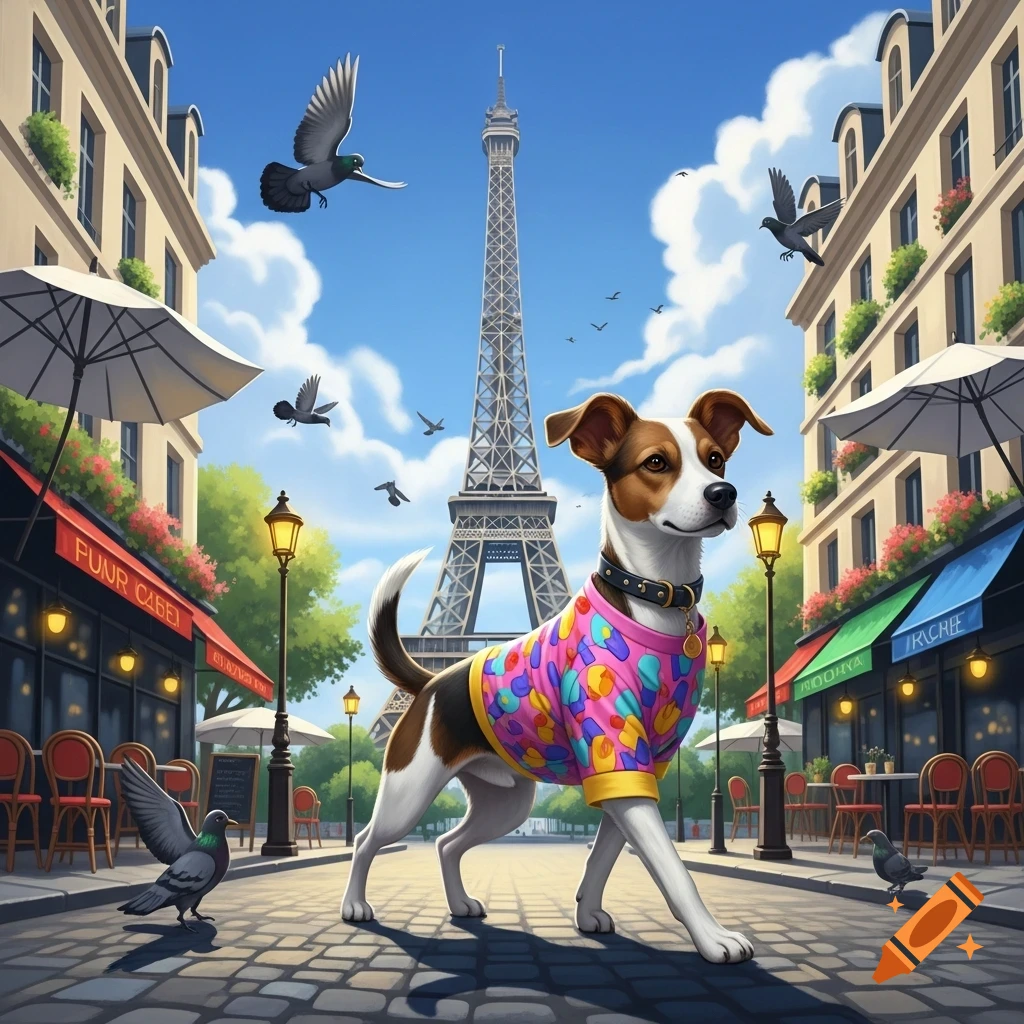 A dog in a colorful patterned shirt walks on a cobblestone street in Paris, with the Eiffel Tower, cafes, and pigeons.