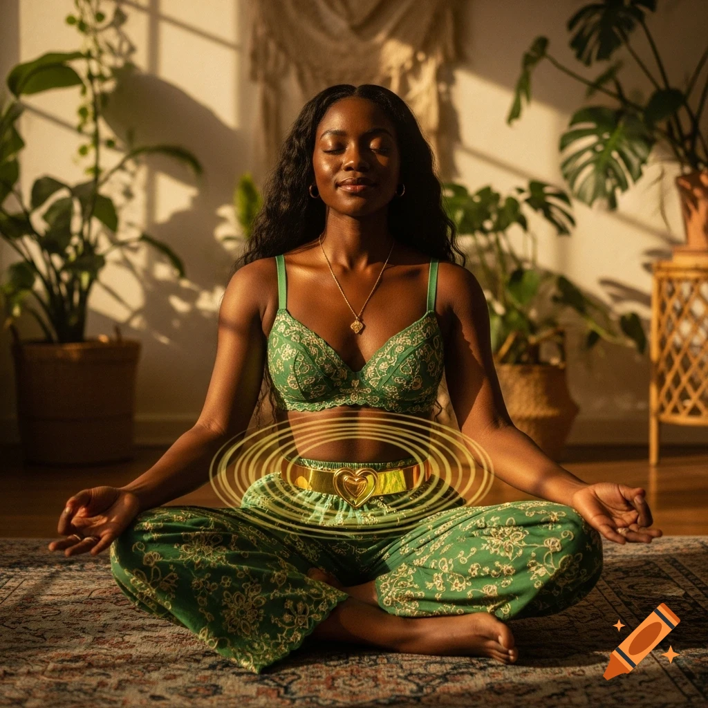 A Black woman meditates in a sunny room, wearing a green bra, patterned pants, and a gold heart-buckle belt radiating energy.