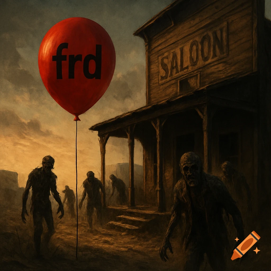 A dark, eerie scene with a red balloon labeled 'frd' floating above a western saloon, surrounded by zombies.