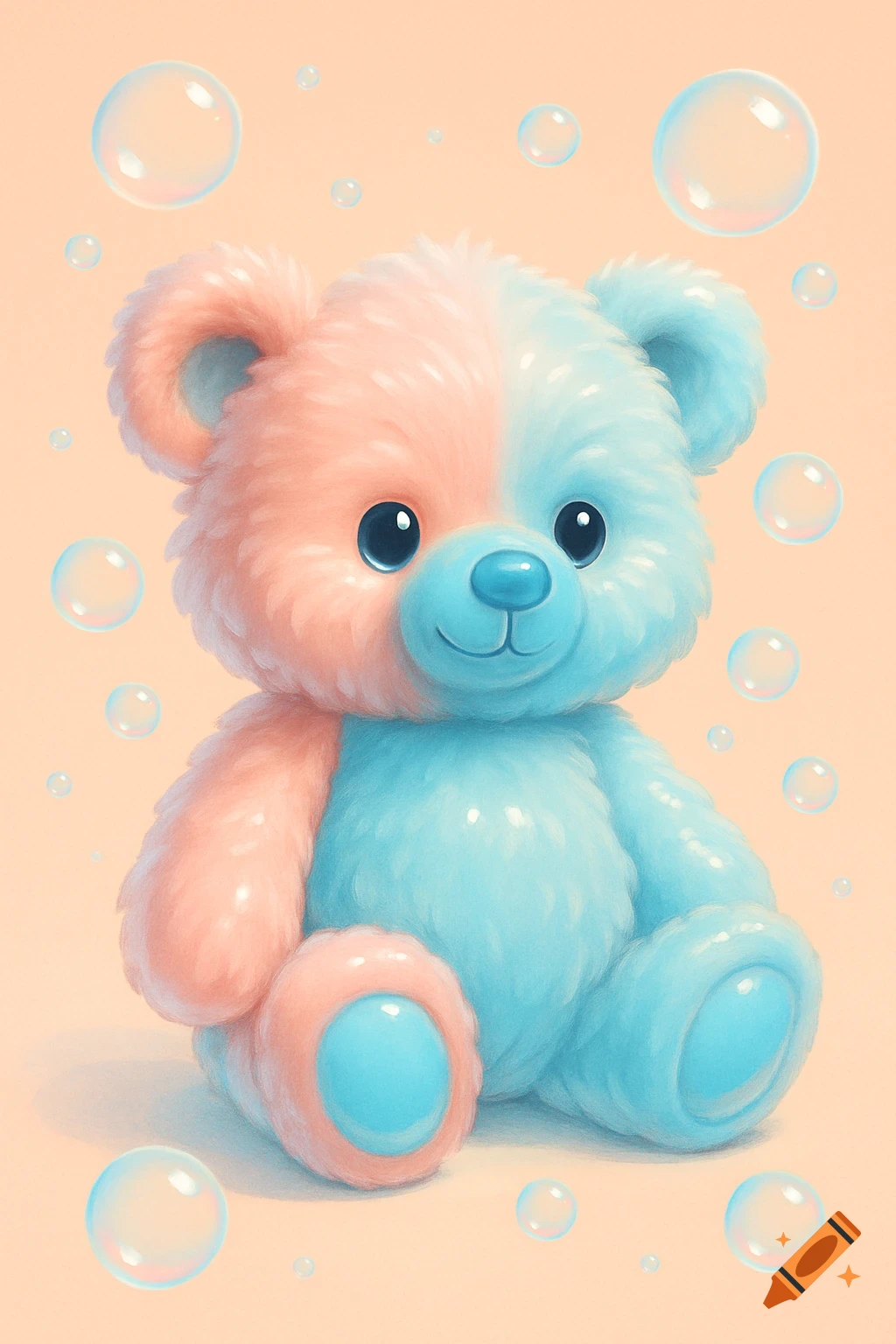A two-tone pink and blue teddy bear sits surrounded by bubbles on a peach background, in a cute illustration style.
