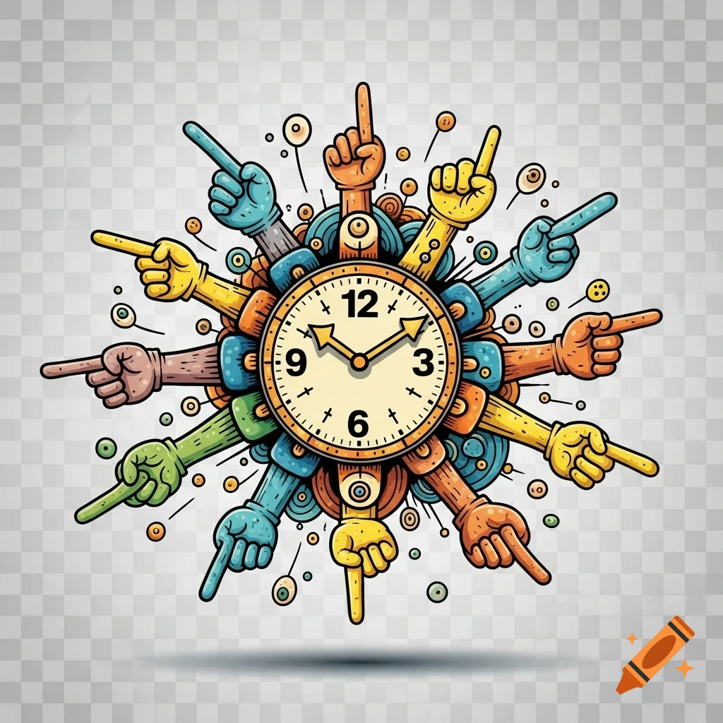 A colorful comic illustration of a clock surrounded by many pointing hands, on a transparent background.