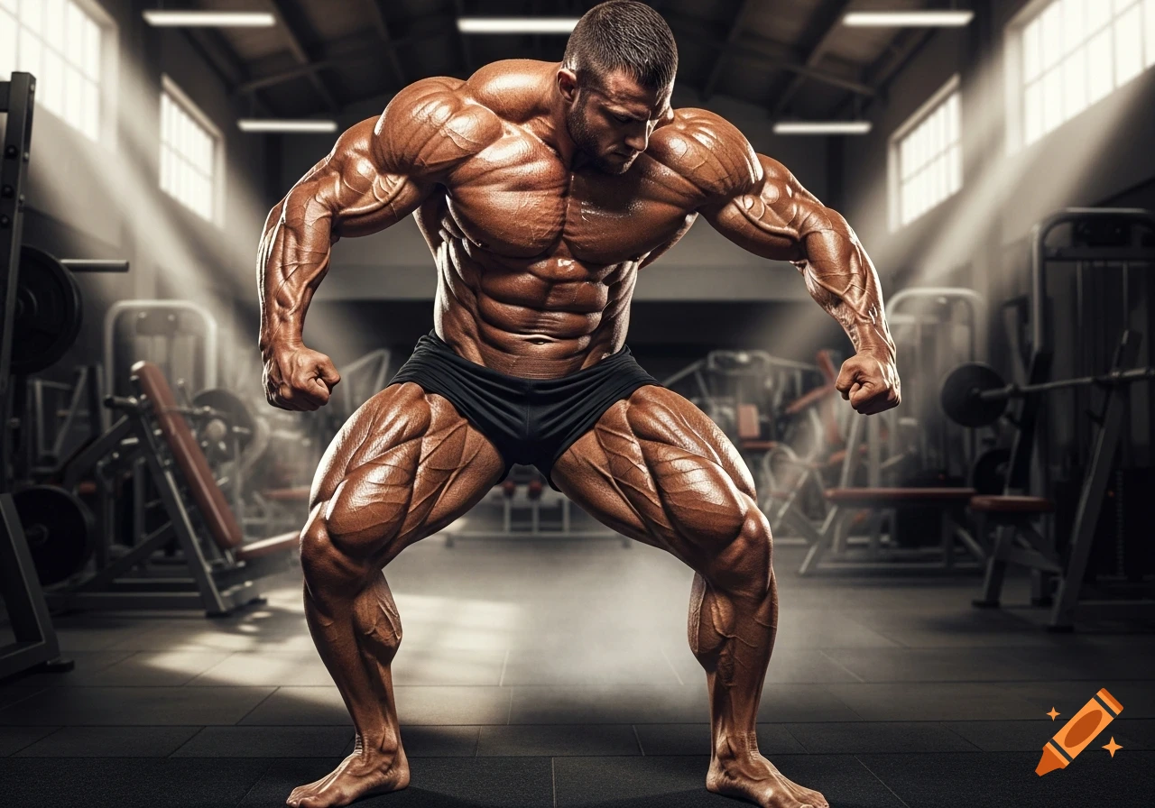 A muscular bodybuilder poses in a dimly lit gym, showing off his highly defined physique.