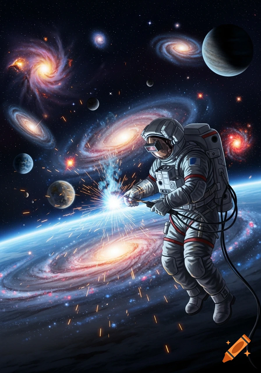 An astronaut in a spacesuit welds in deep space, creating bright sparks with Earth, colorful galaxies, and planets in the background.