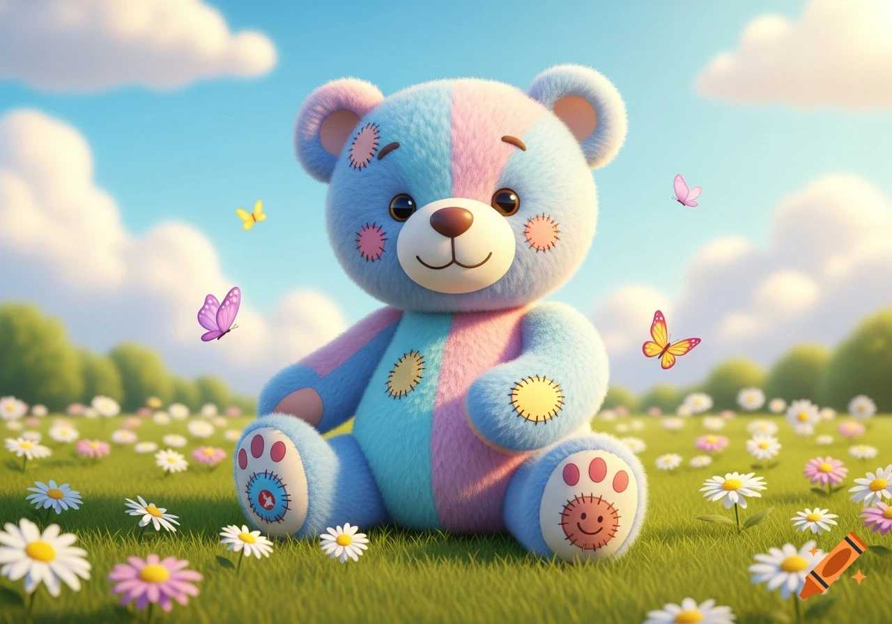 A pastel blue and pink patched teddy bear sits in a green field filled with white and pink daisies under a sunny sky with butterflies.