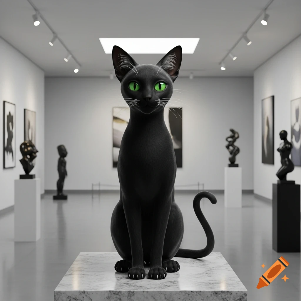 A sleek black cat with bright green eyes sits on a marble pedestal in a modern art gallery.