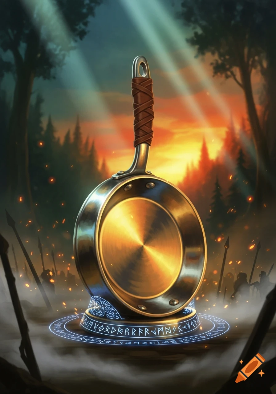 A fantasy frying pan with a leather-wrapped handle stands on a glowing runic base in a forest at sunset, with distant warriors.