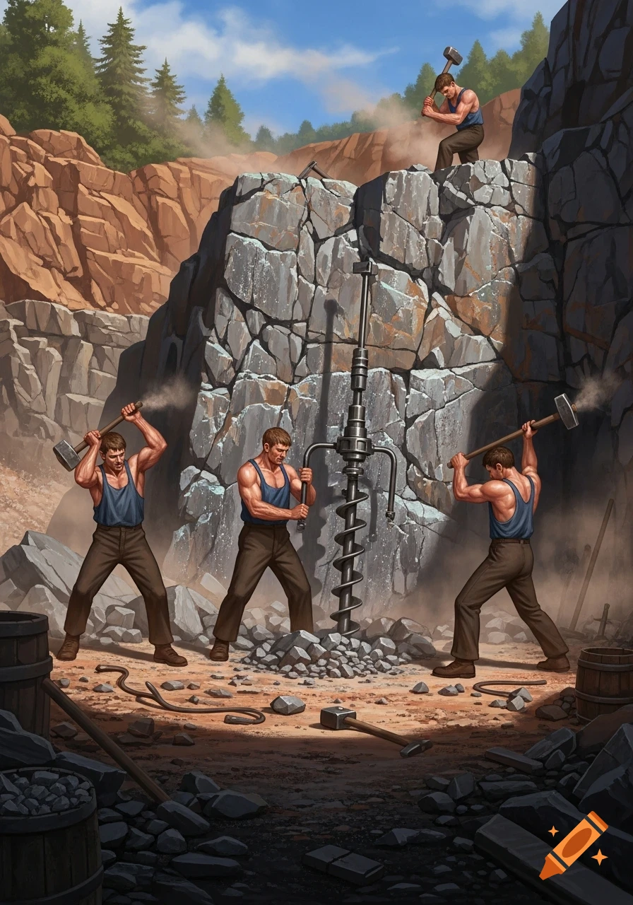 Illustrated scene of muscular navvies quarrying rock, one drilling while others wield sledgehammers, amidst a rocky landscape.