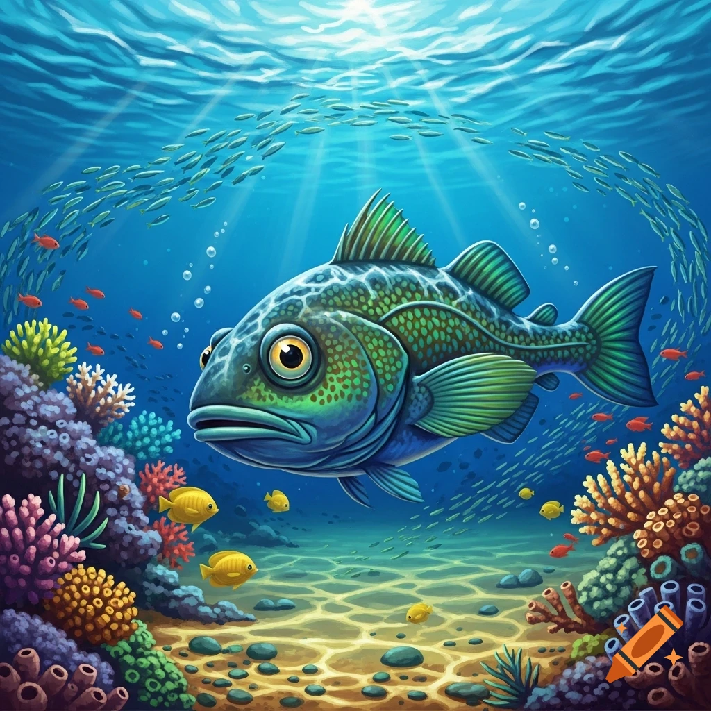 A large, green and blue cartoon fish with big yellow eyes and a neurotic expression swims in a vibrant coral reef under bright blue water with schools of small fish.