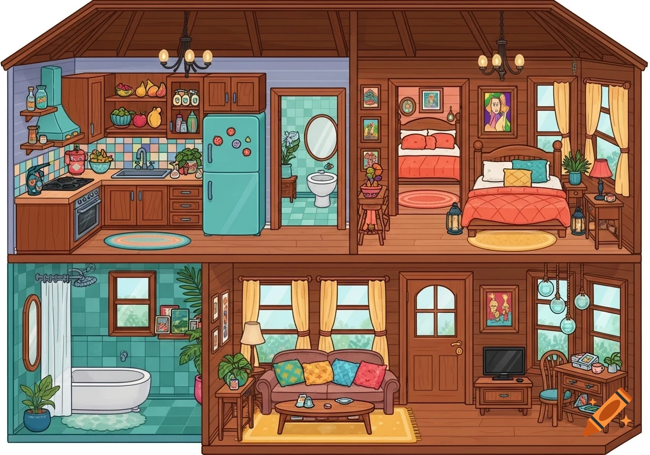 A colorful cartoon cross-section of a two-story house, revealing furnished rooms including kitchen, living room, and bedrooms.