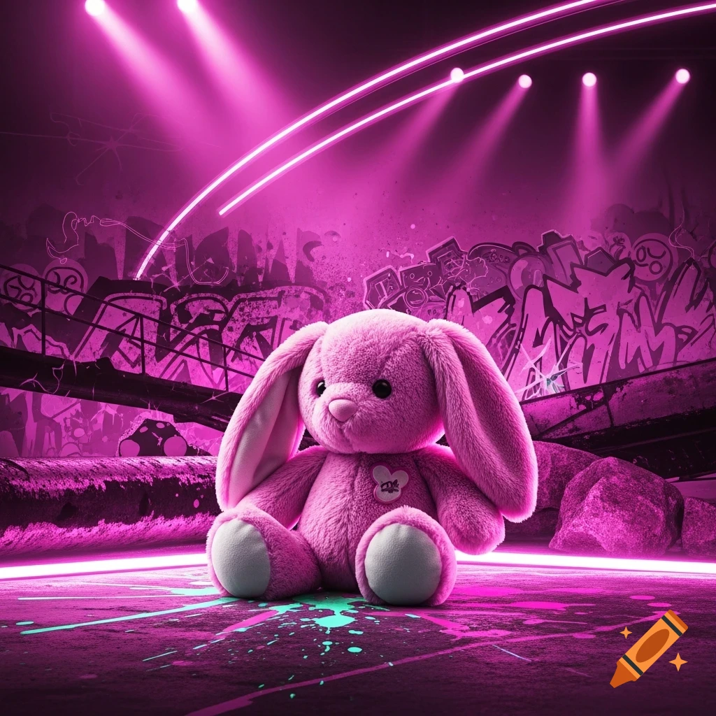 A fluffy pink bunny plush toy sits on a dark, graffiti-covered ground under neon pink lights in an urban setting.