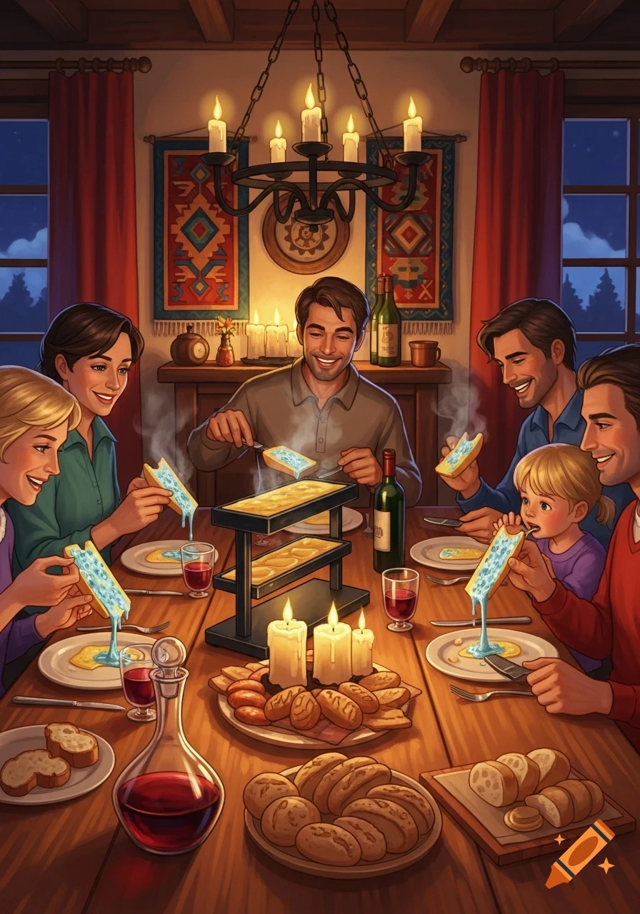 A smiling family gathered around a candlelit table, enjoying a blue raclette meal with bread and wine in an illustrated style.