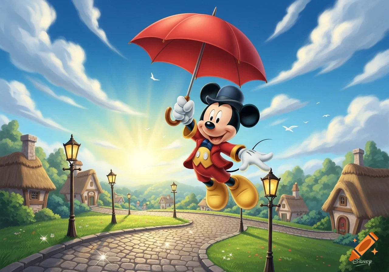 Mickey Mouse joyfully flies with a red umbrella over a sunny cartoon village featuring a cobblestone path and thatched-roof houses.