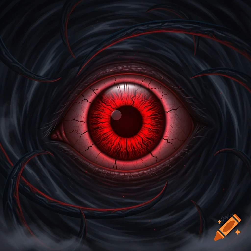 A large, bloodshot red eye with a dark pupil, surrounded by swirling black tendrils and thorny vines, in a dark fantasy art style.